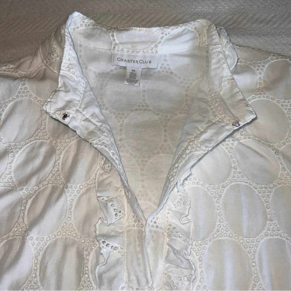 Charter Club Size 14 White Eyelet Cotton Blouse Ruffle V-Neck 3/4 Sleeve Lined - Picture 6 of 10